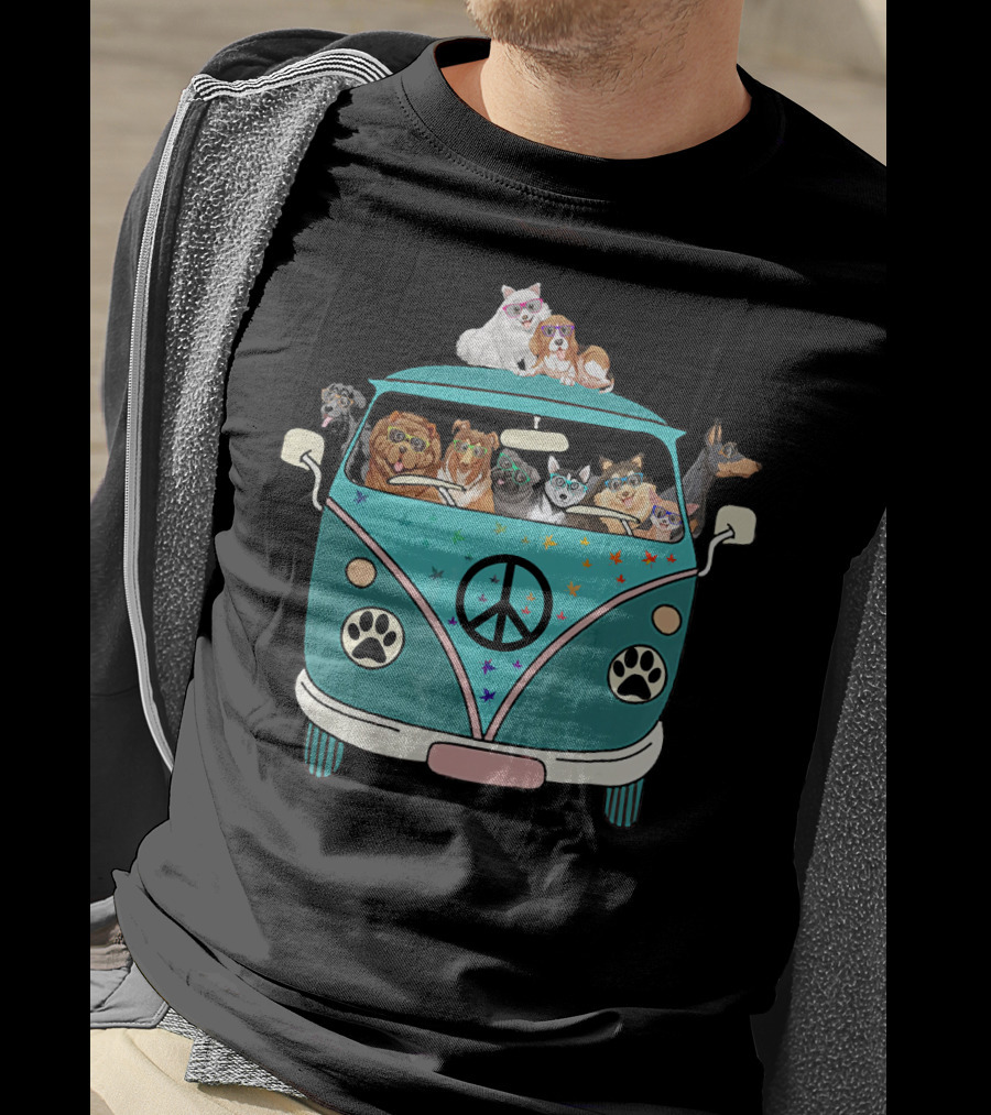 Dogs Riding A Peace Sign Paw Print Bus T-Shirt