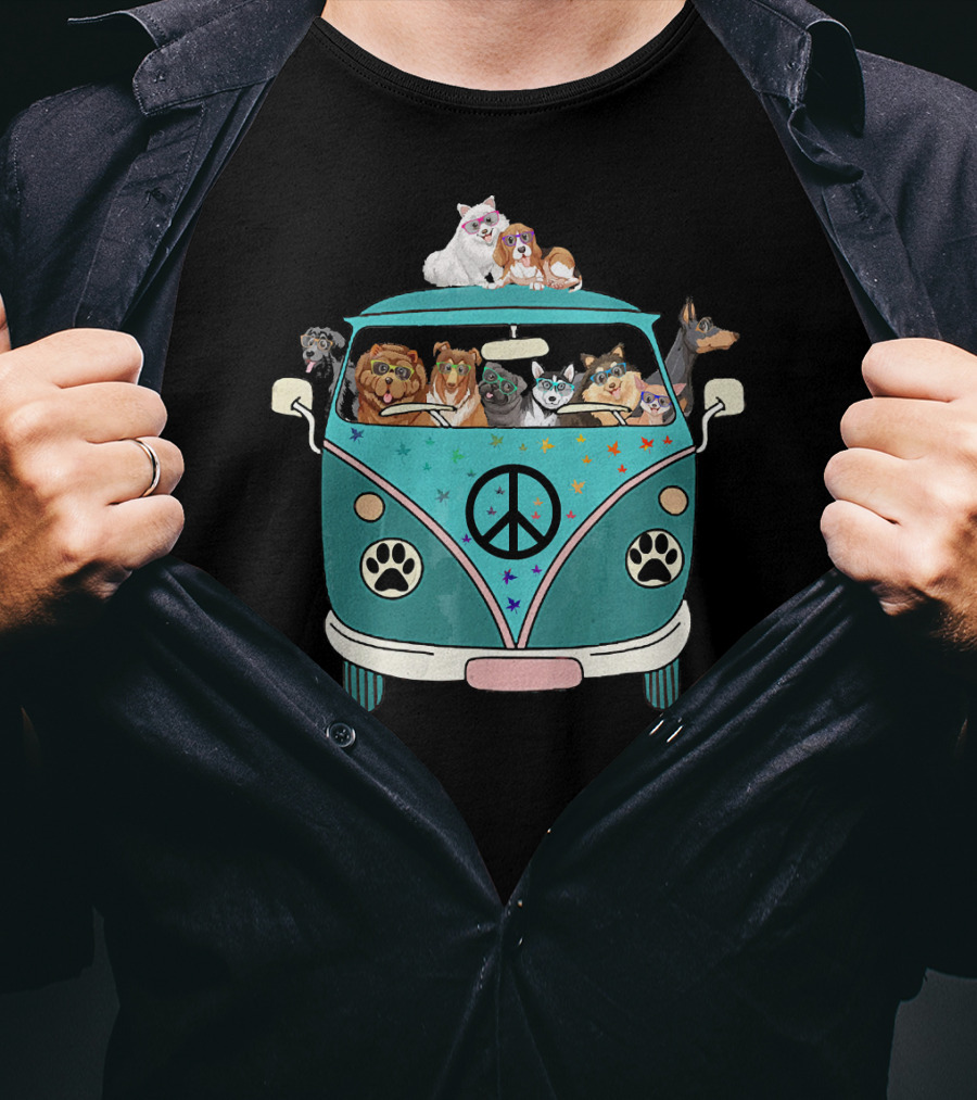 Dogs Riding A Peace Sign Paw Print Bus T-Shirt