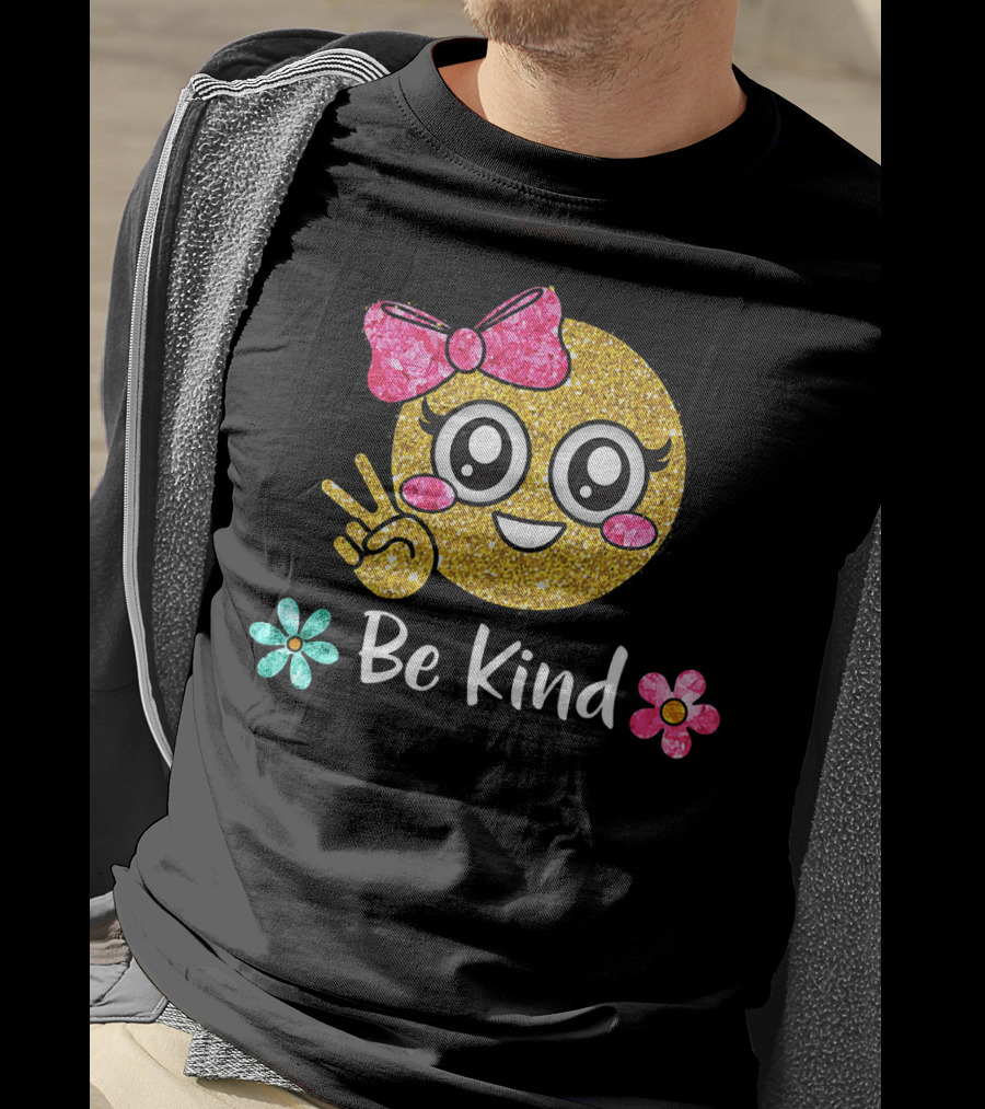 Be Kind Glitter Emoji Kawaii With Pink Bow And Flowers T-Shirt