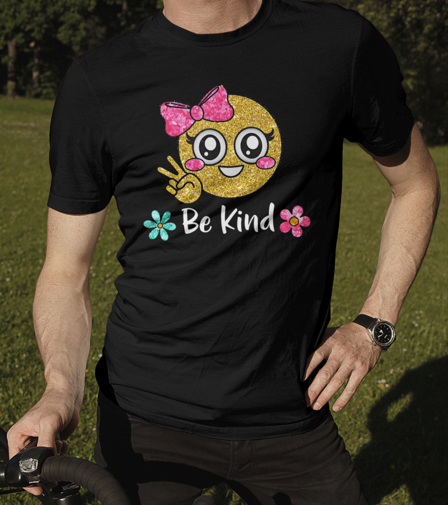 Be Kind Glitter Emoji Kawaii With Pink Bow And Flowers T-Shirt