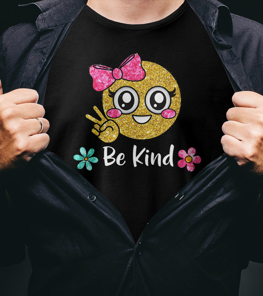 Be Kind Glitter Emoji Kawaii With Pink Bow And Flowers T-Shirt