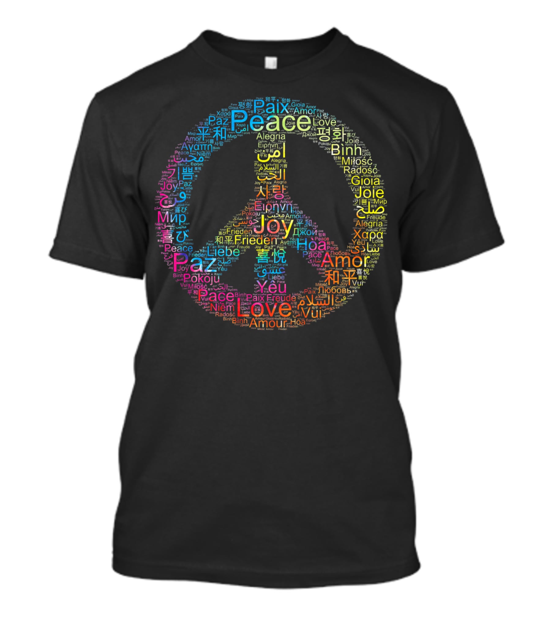 Peace Love Joy Multilingual Peace Symbol Text T-Shirt