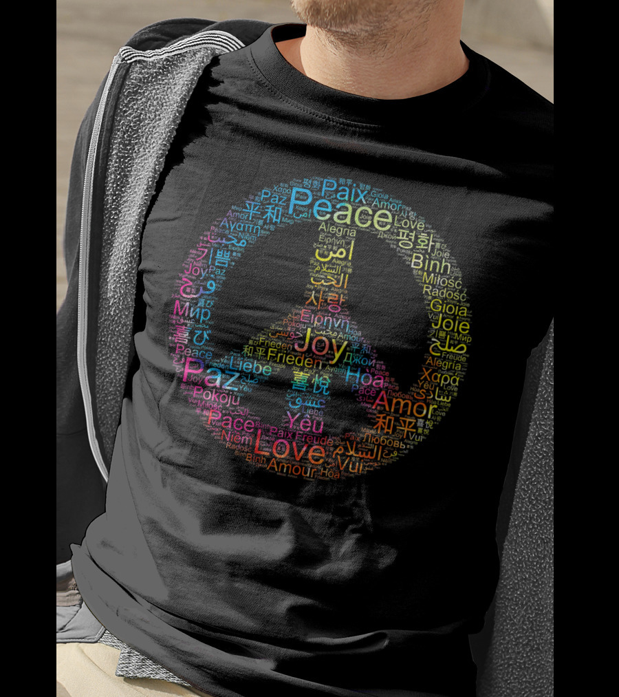 Peace Love Joy Multilingual Peace Symbol Text T-Shirt