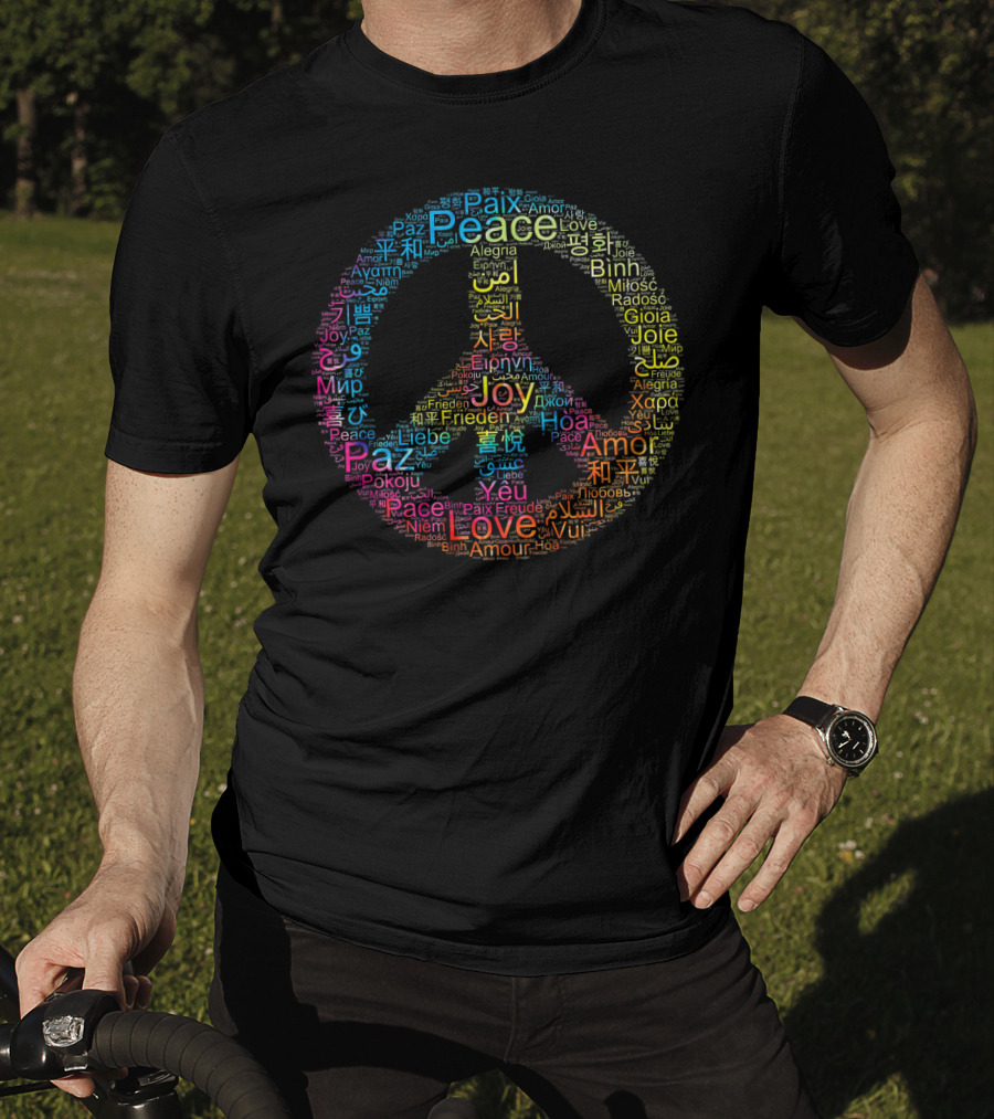 Peace Love Joy Multilingual Peace Symbol Text T-Shirt