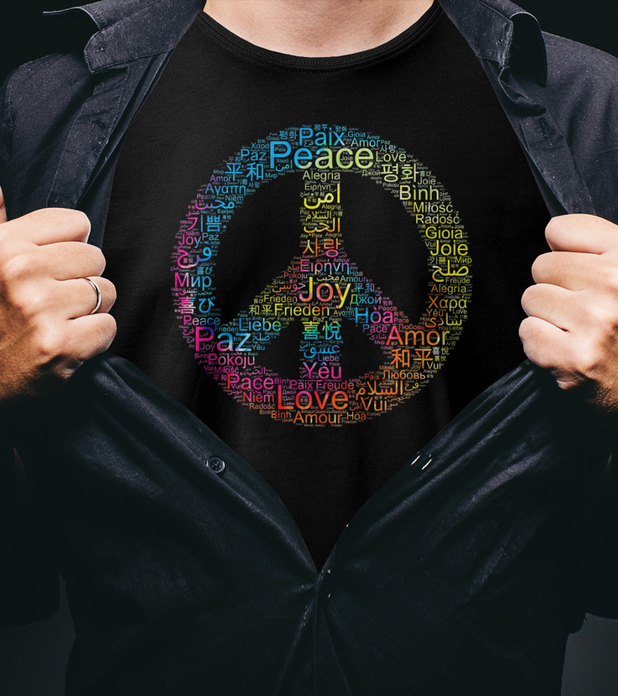 Peace Love Joy Multilingual Peace Symbol Text T-Shirt