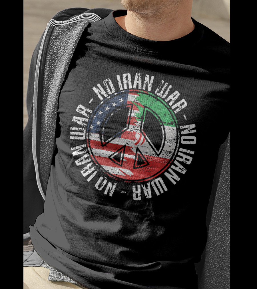 No Iran War Peace Symbol With American And Iranian Flags T-Shirt