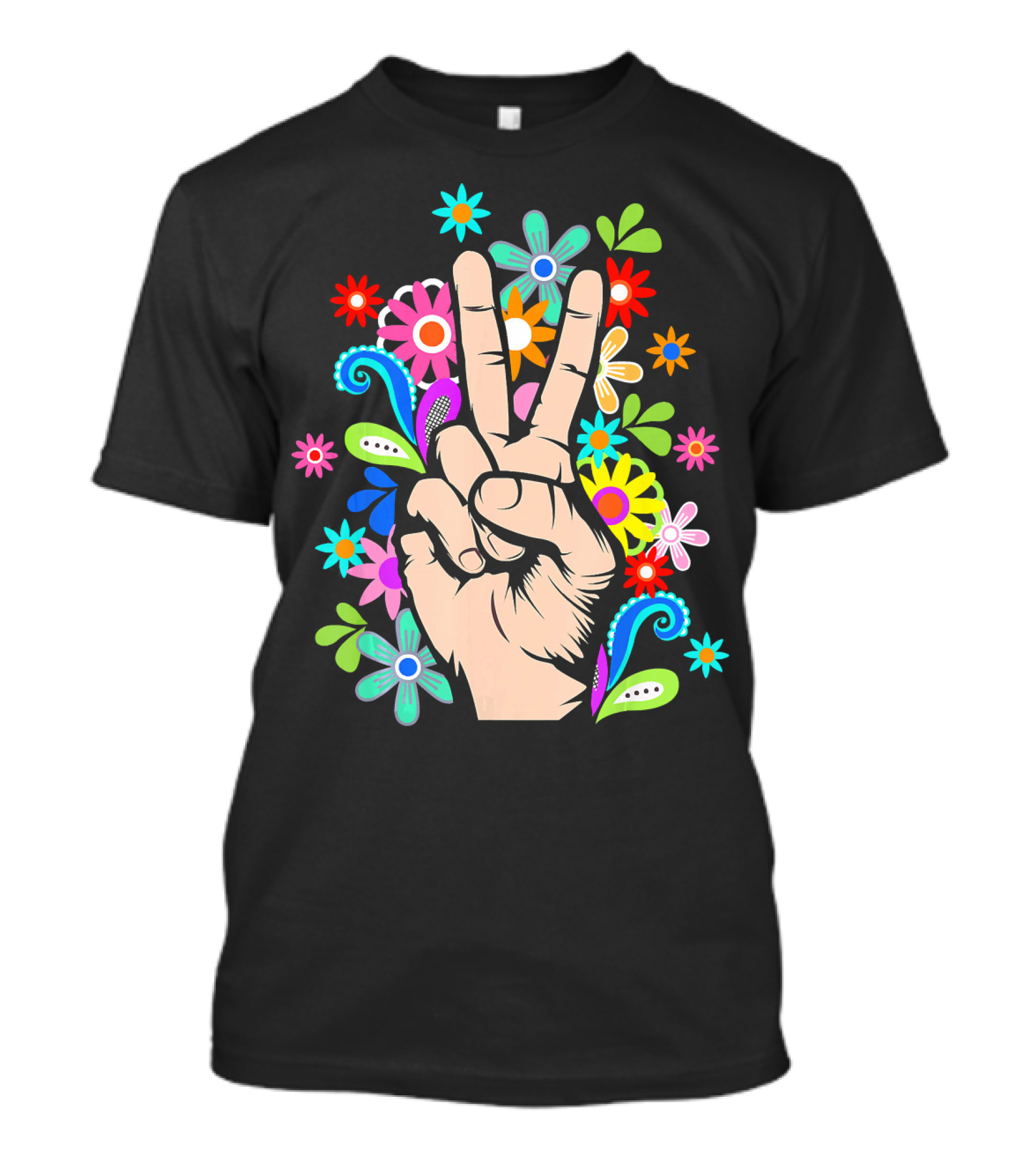 Hippie Cool Hand Peace Sign Surrounded By Colorful Flowers T-Shirt