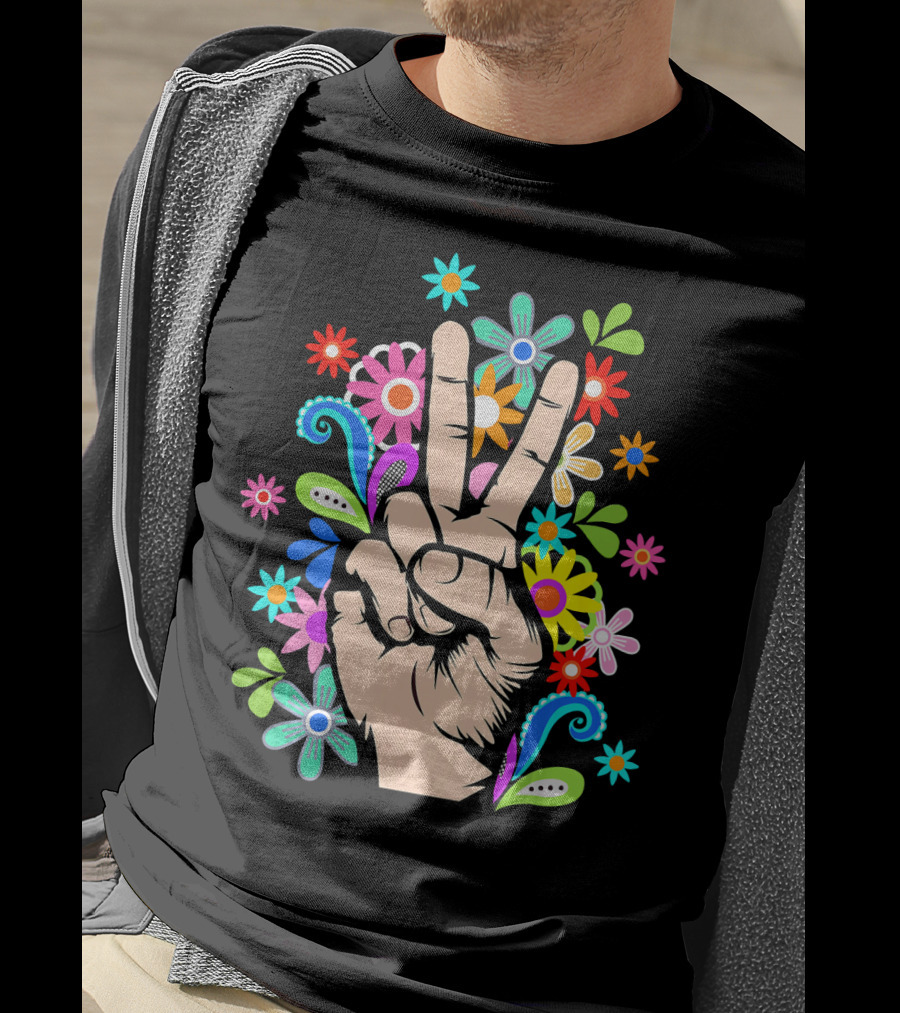 Hippie Cool Hand Peace Sign Surrounded By Colorful Flowers T-Shirt