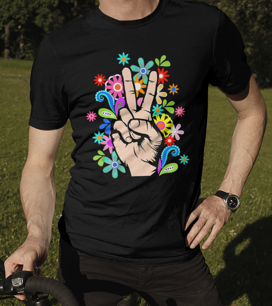 Hippie Cool Hand Peace Sign Surrounded By Colorful Flowers T-Shirt