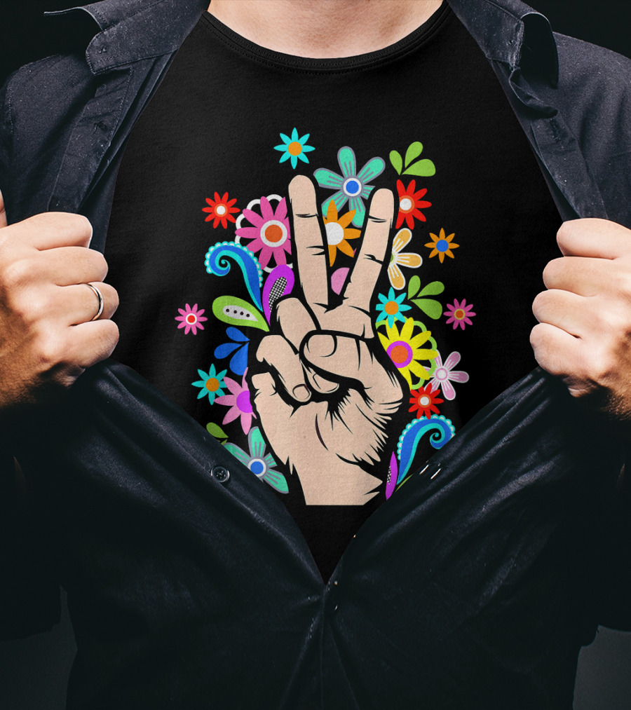 Hippie Cool Hand Peace Sign Surrounded By Colorful Flowers T-Shirt