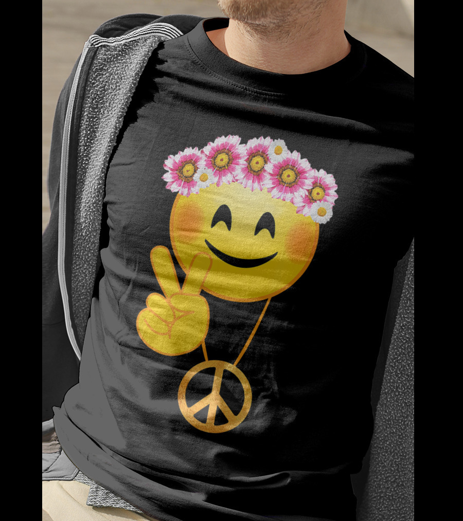 Peace Sign Smiley Face Flower Crown Hippie Necklace T-Shirt