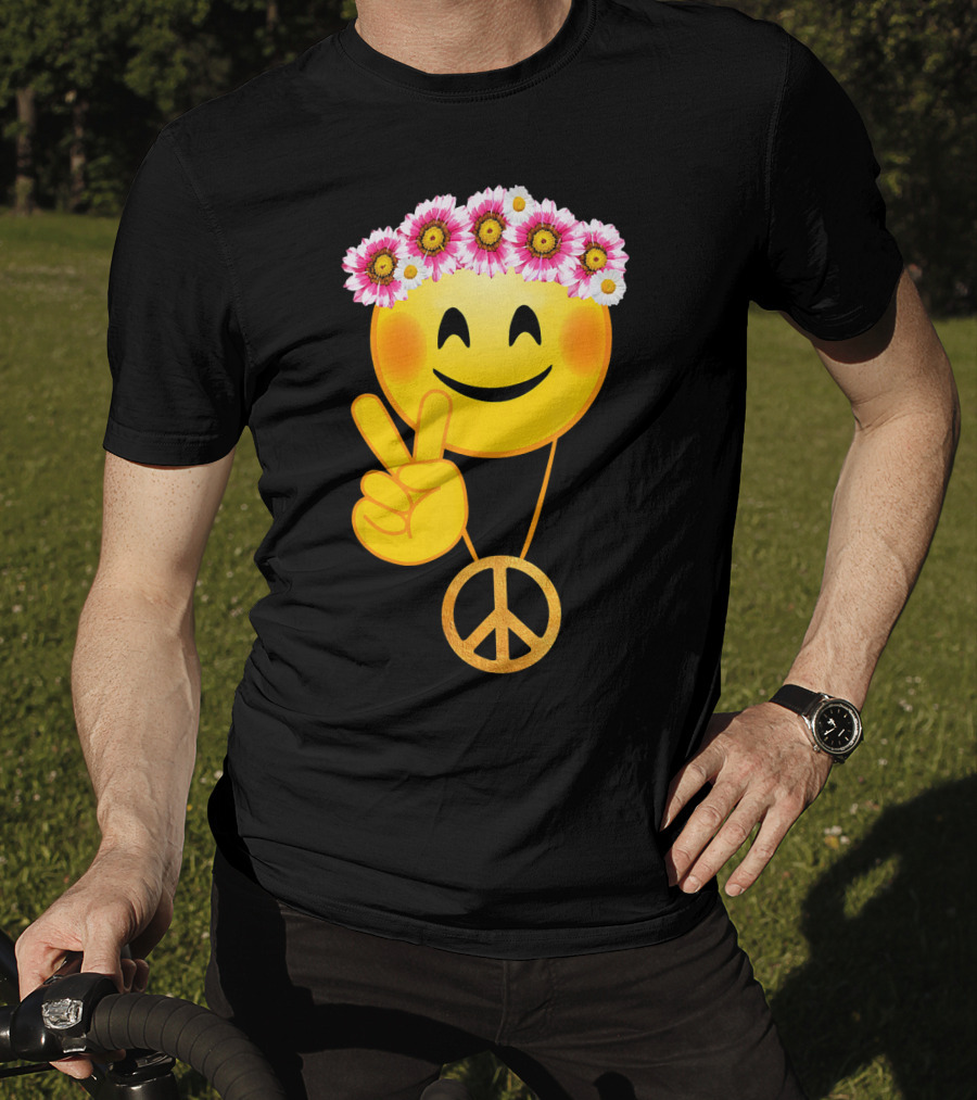 Peace Sign Smiley Face Flower Crown Hippie Necklace T-Shirt