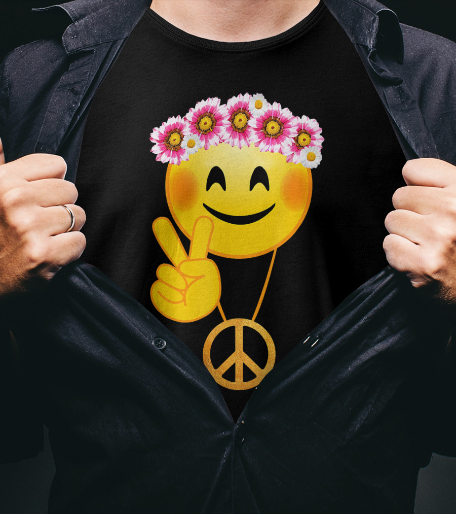 Peace Sign Smiley Face Flower Crown Hippie Necklace T-Shirt