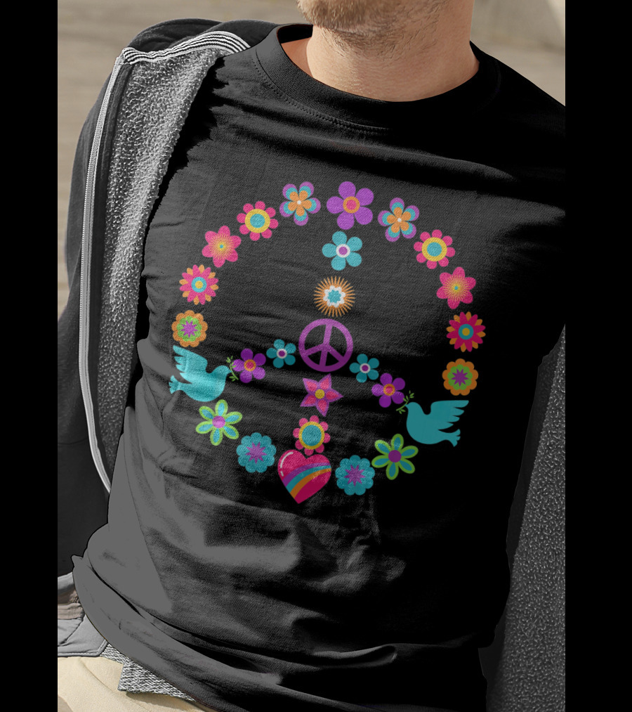 Peace Sign Flowers Dove 60s 70s Heart T-Shirt