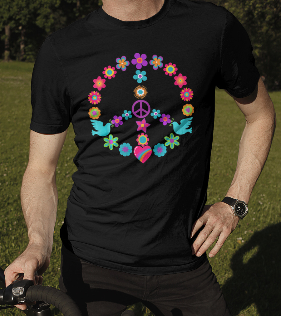 Peace Sign Flowers Dove 60s 70s Heart T-Shirt