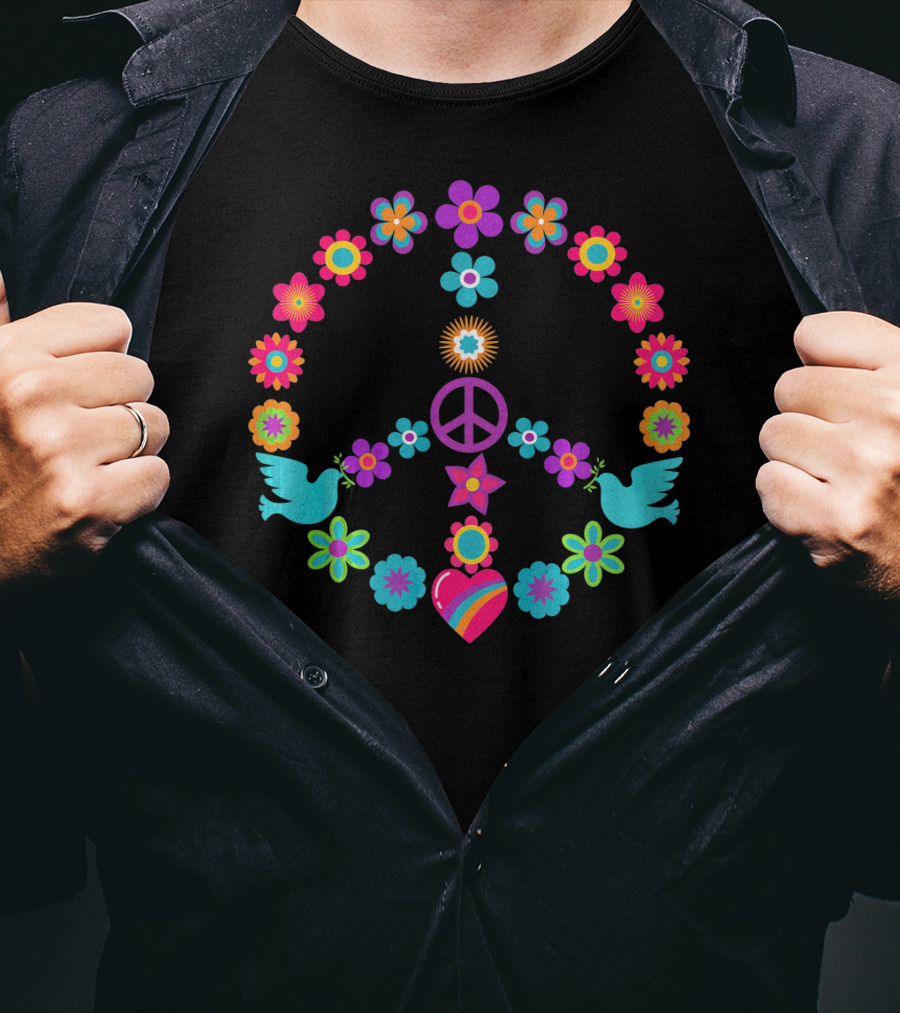Peace Sign Flowers Dove 60s 70s Heart T-Shirt