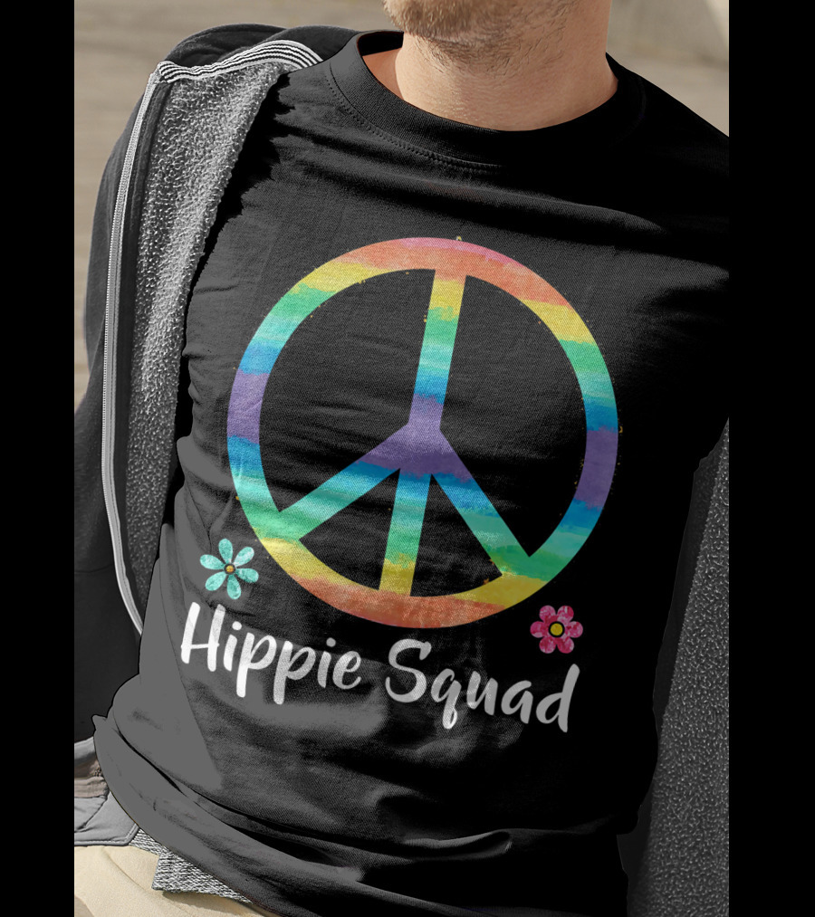 Rainbow Peace Sign Hippie Squad Flowers T-Shirt