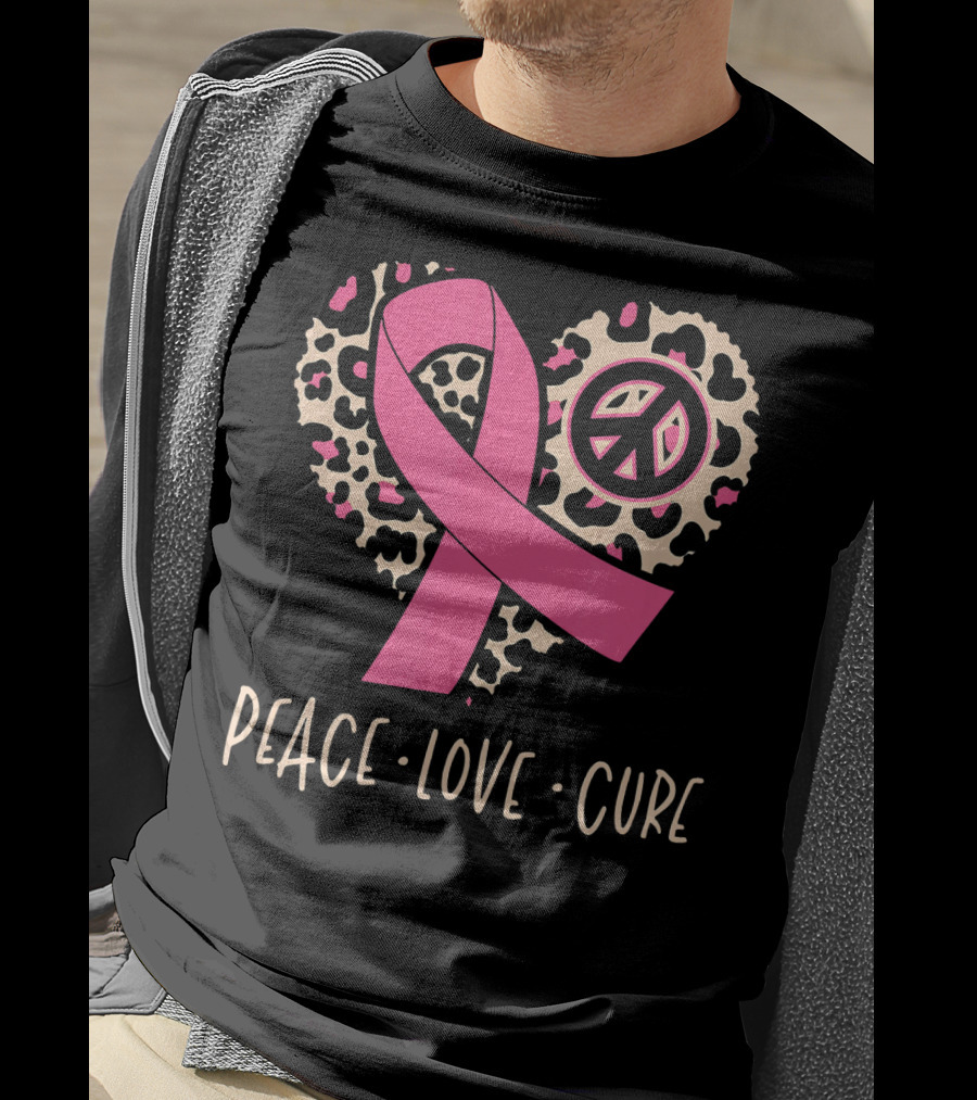 Peace Love Cure Pink Ribbon Leopard Breast Cancer Awareness T-Shirt