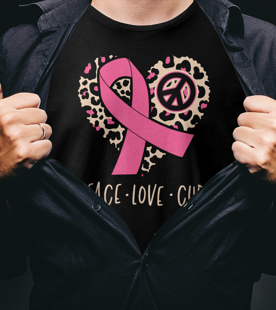 Peace Love Cure Pink Ribbon Leopard Breast Cancer Awareness T-Shirt