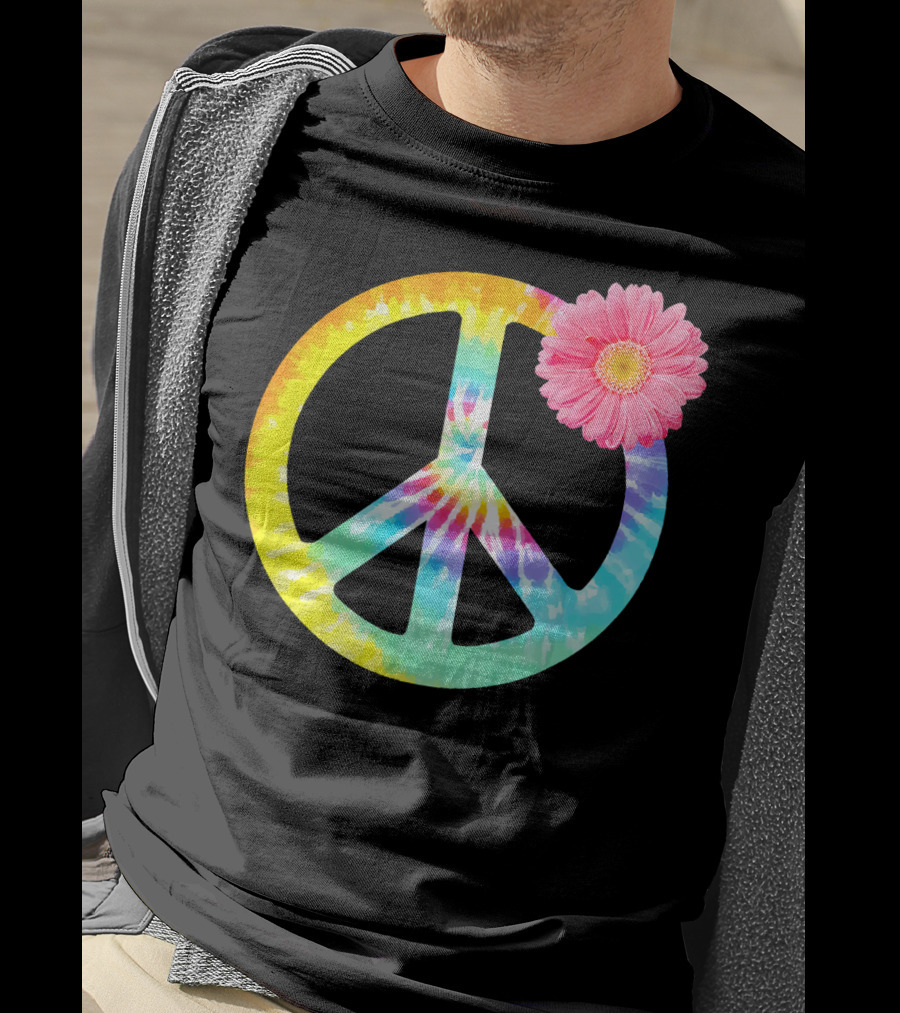 Boho Tie Dye Peace Sign With Pink Flower T-Shirt