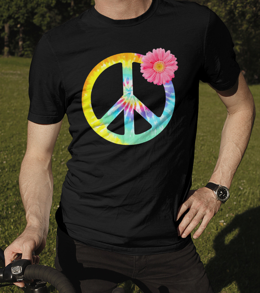 Boho Tie Dye Peace Sign With Pink Flower T-Shirt
