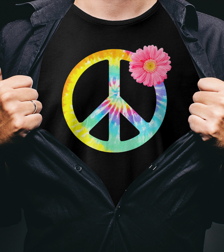Boho Tie Dye Peace Sign With Pink Flower T-Shirt