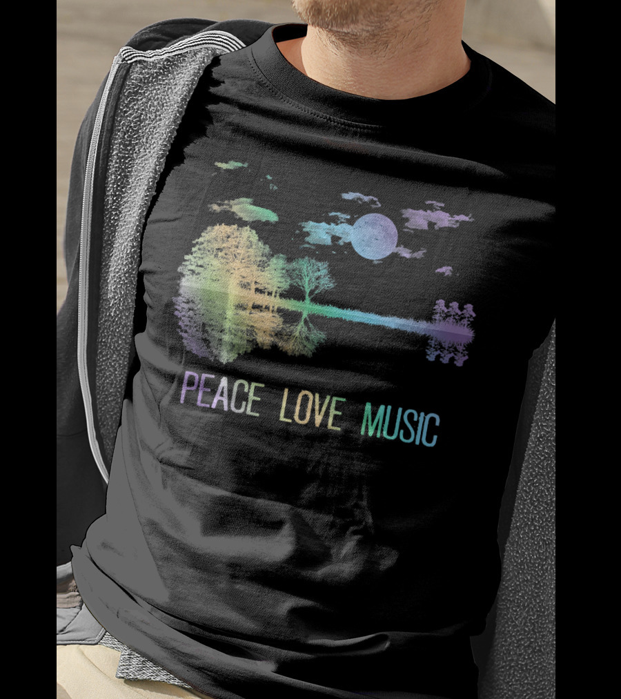Peace Love Music Guitar Moon Lake Shadow Hippie T-Shirt