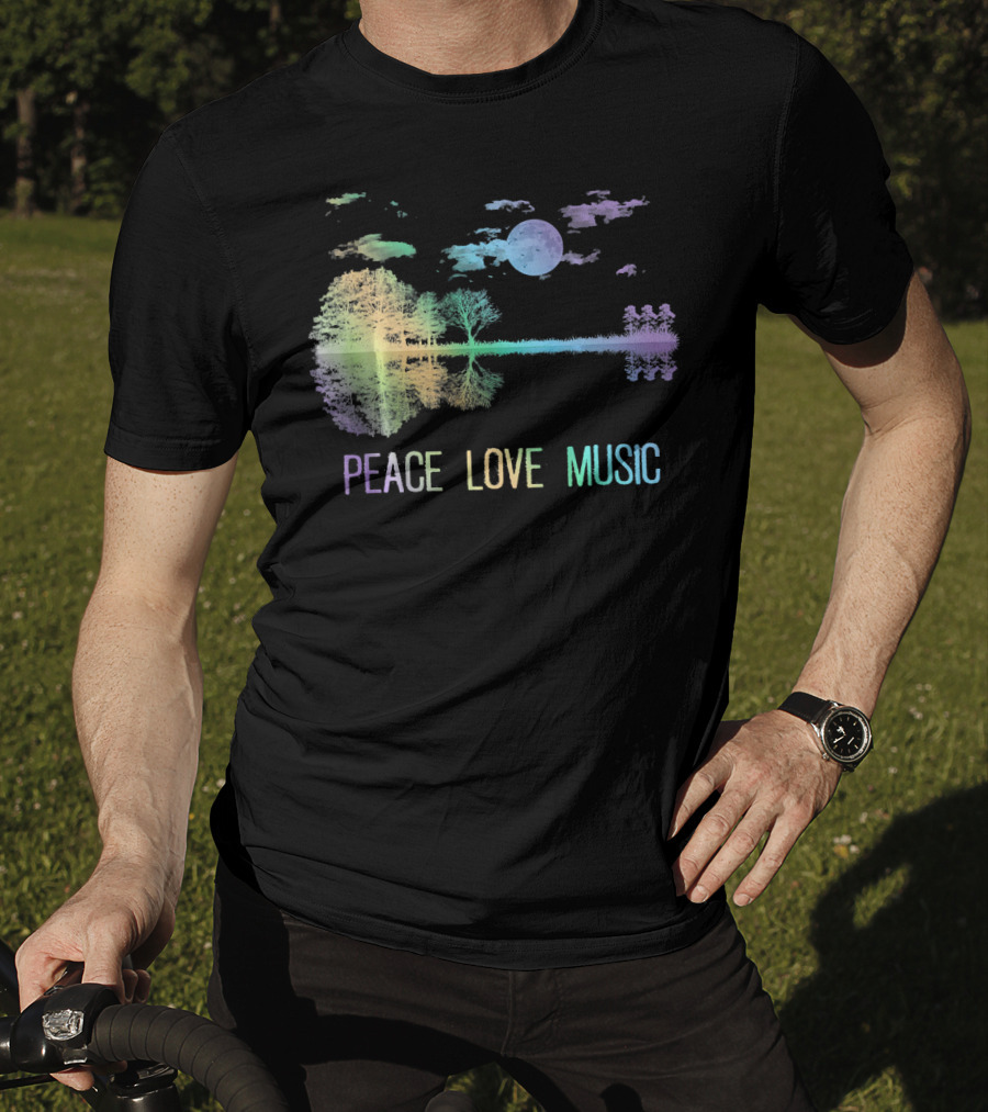 Peace Love Music Guitar Moon Lake Shadow Hippie T-Shirt