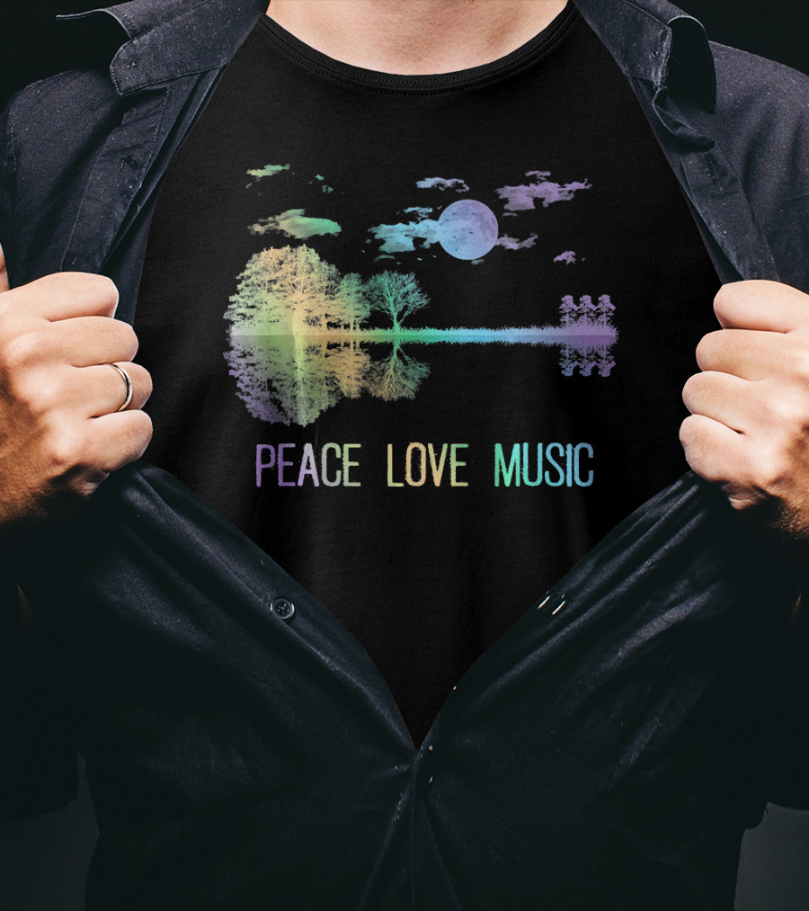 Peace Love Music Guitar Moon Lake Shadow Hippie T-Shirt