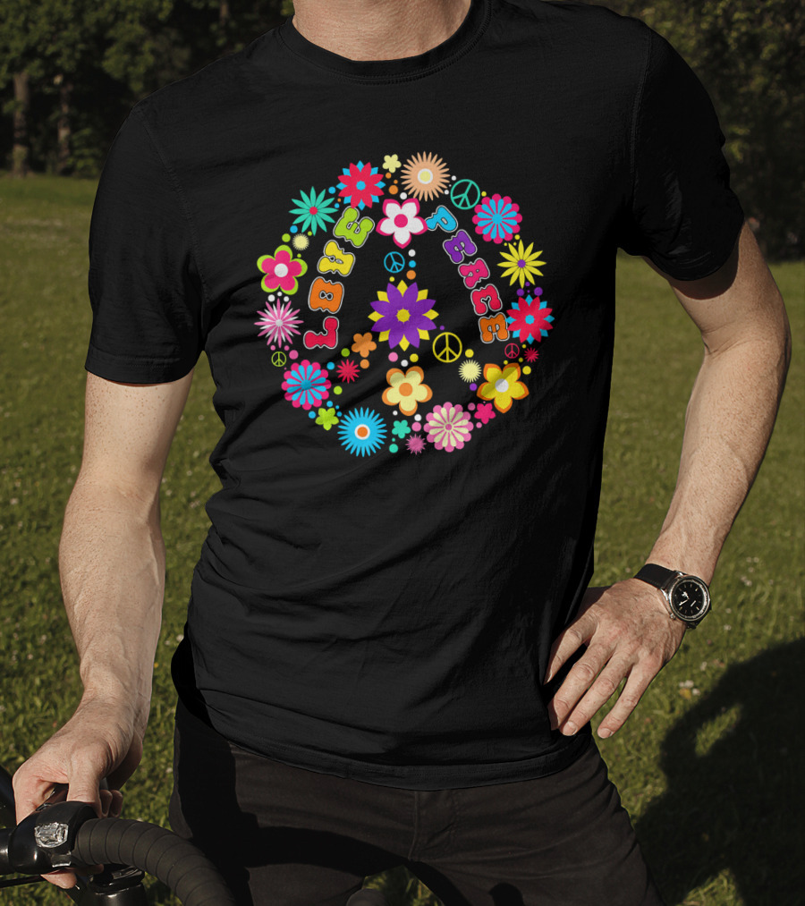 Peace Love Sign Hippie Flowers 60s 70s Groovy Floral Vibes T-Shirt