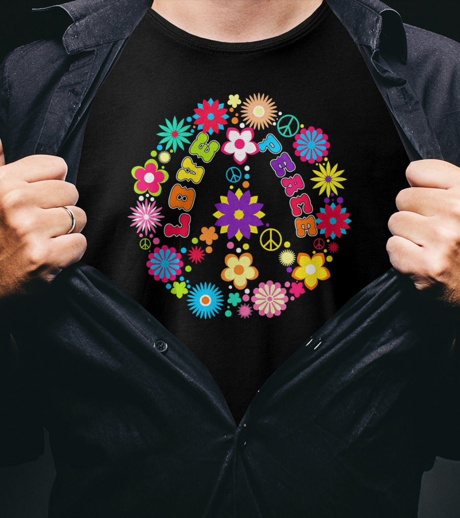 Peace Love Sign Hippie Flowers 60s 70s Groovy Floral Vibes T-Shirt