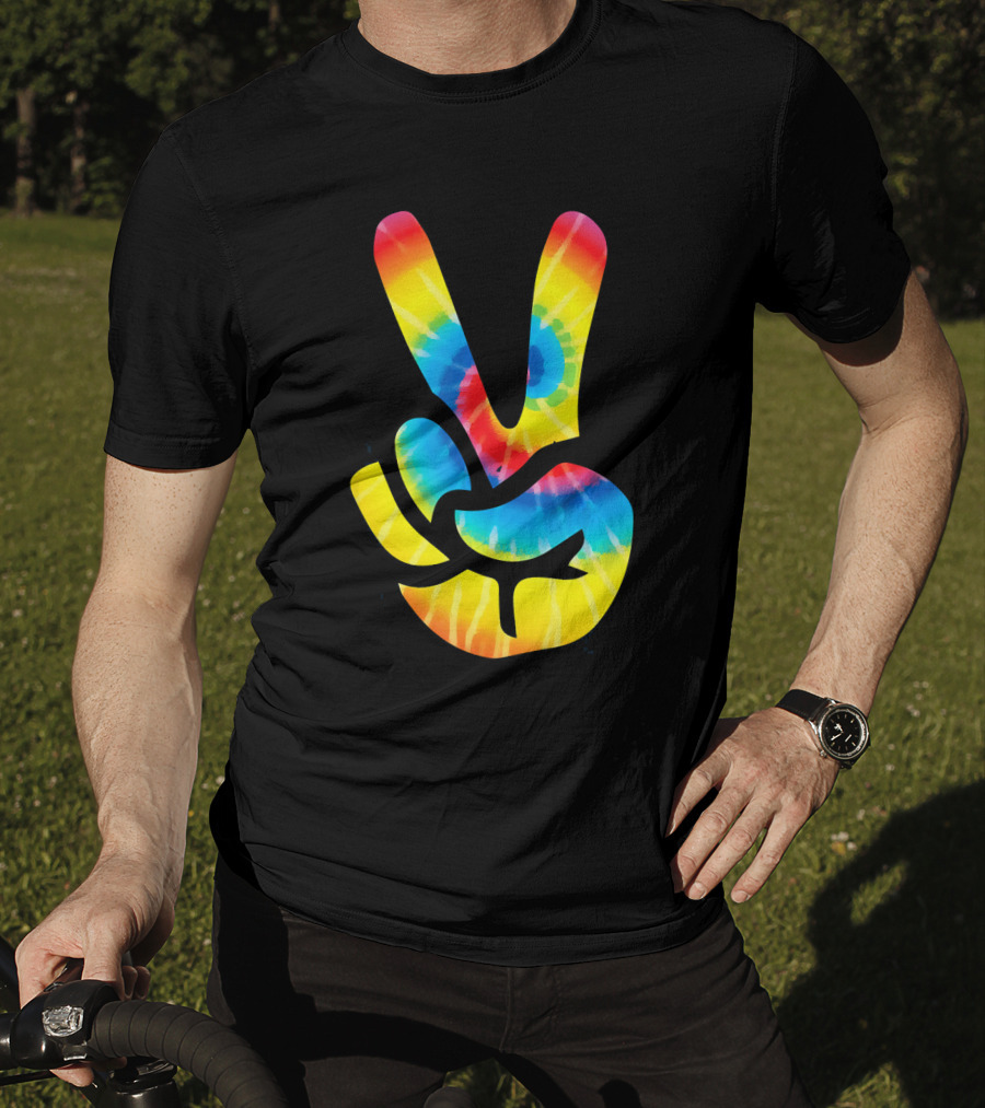Tie Dye Peace Sign Hand V Symbol Rainbow Psychedelic T-Shirt
