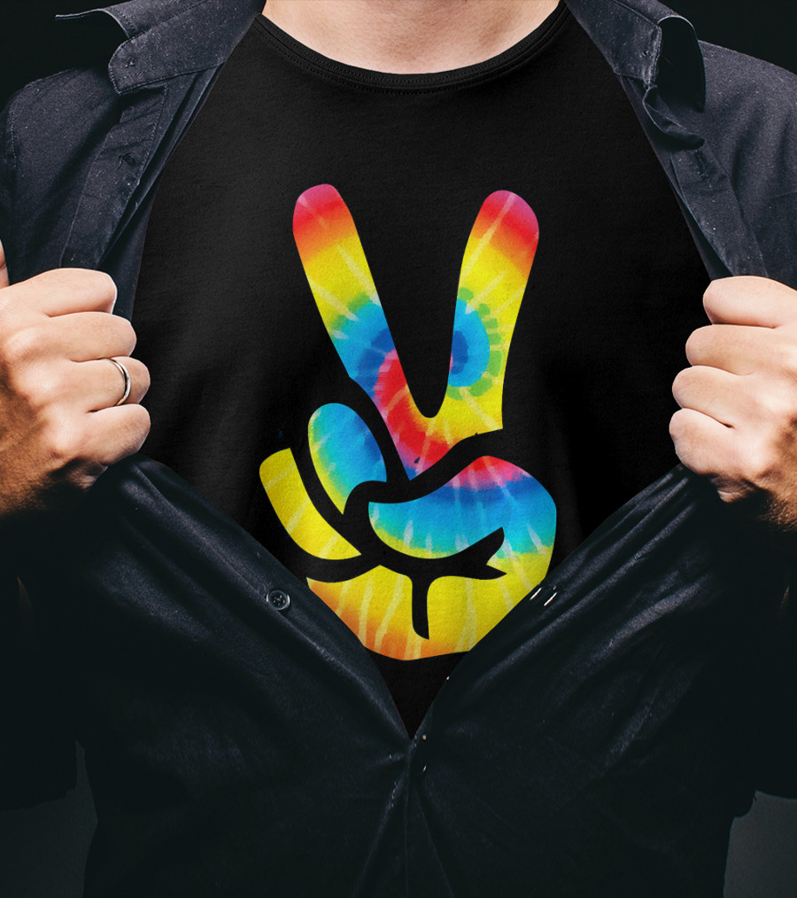 Tie Dye Peace Sign Hand V Symbol Rainbow Psychedelic T-Shirt