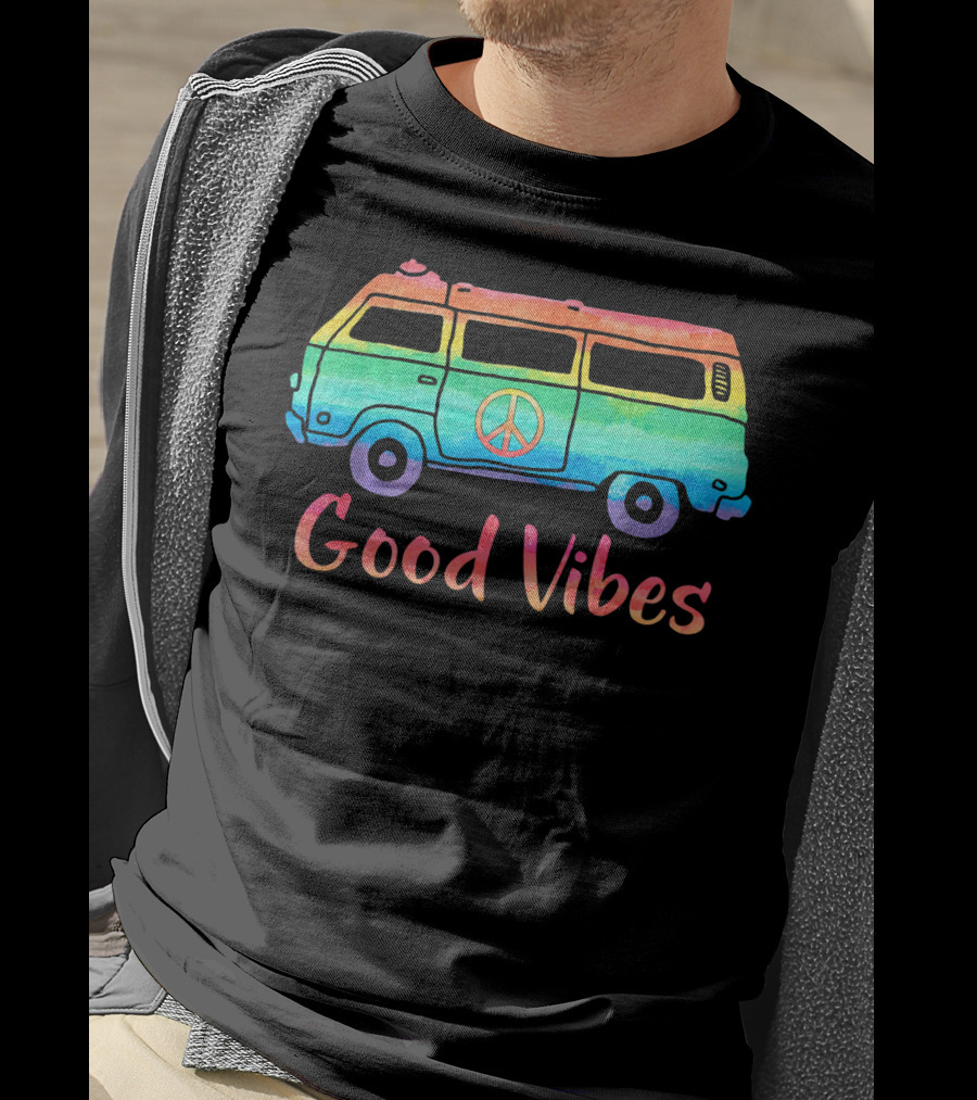 Good Vibes Vintage Hippie Bus Rainbow Van Peace T-Shirt