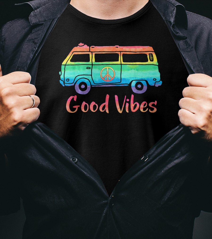 Good Vibes Vintage Hippie Bus Rainbow Van Peace T-Shirt