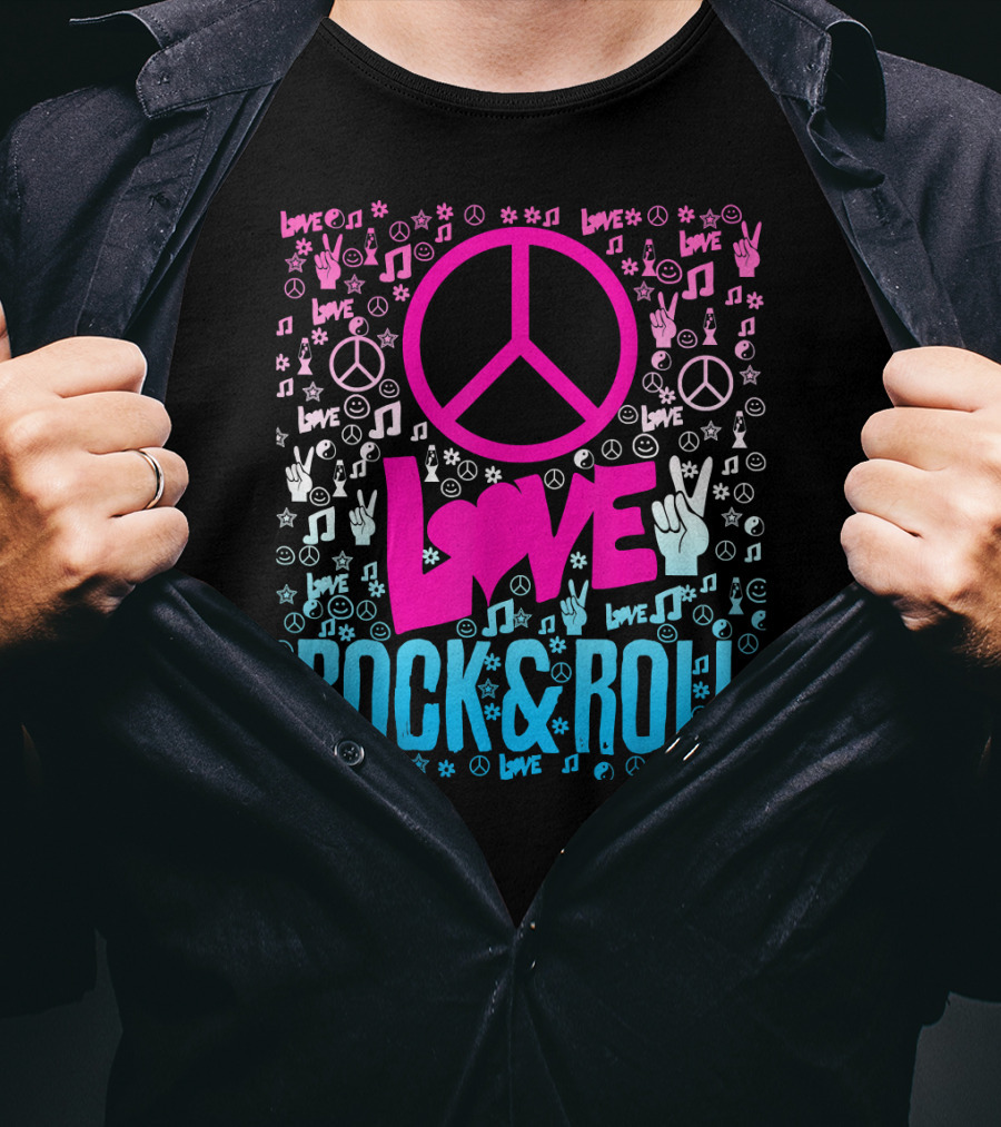 Peace Love Rock And Roll Music Icons And Hippie Symbols T-Shirt