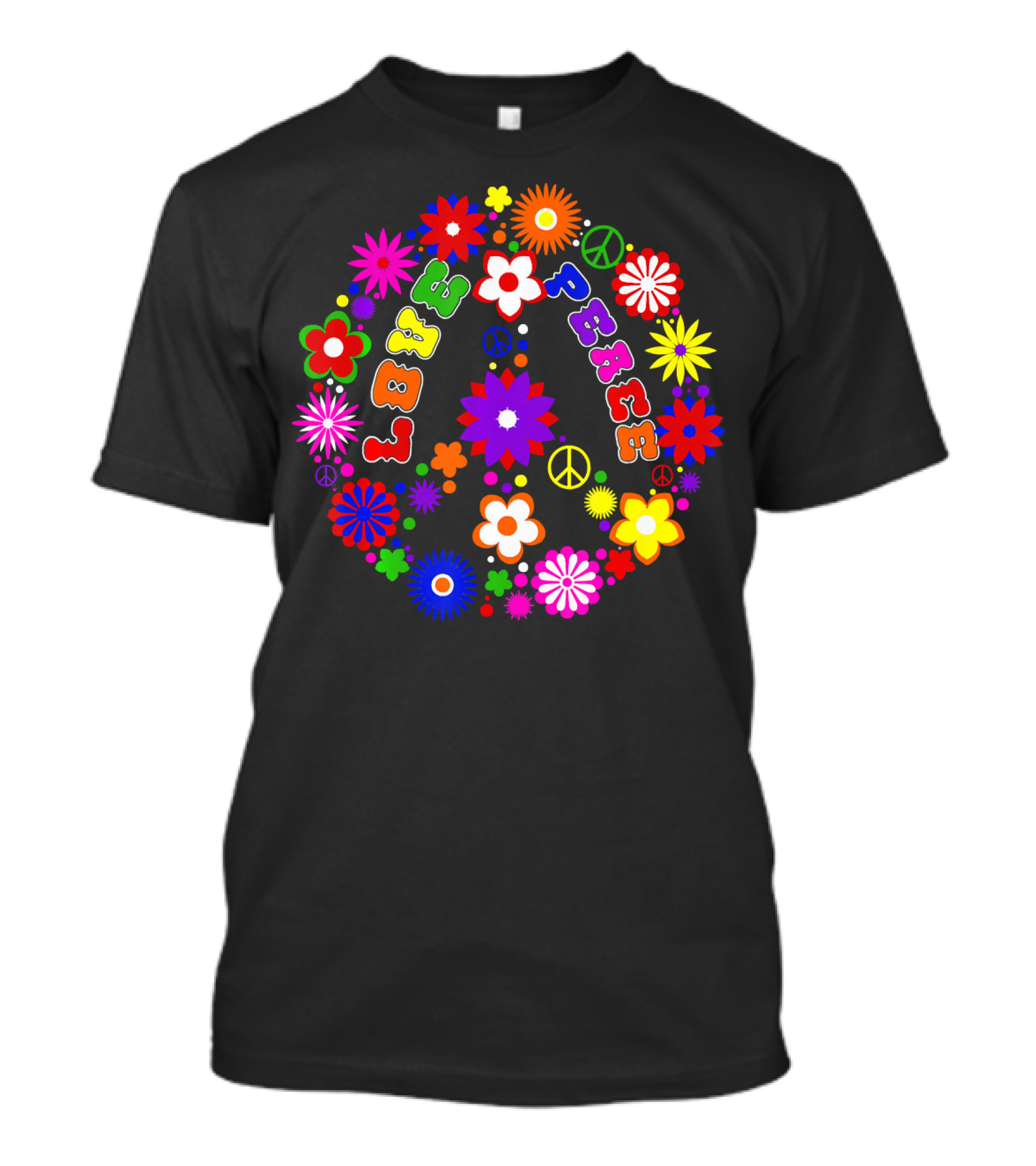 Love Peace Sign Retro Flowers Hippie Col Colorful Groovy T-Shirt