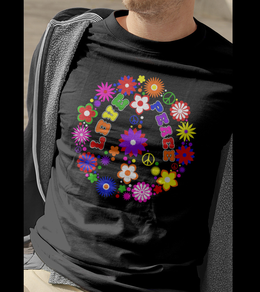 Love Peace Sign Retro Flowers Hippie Col Colorful Groovy T-Shirt