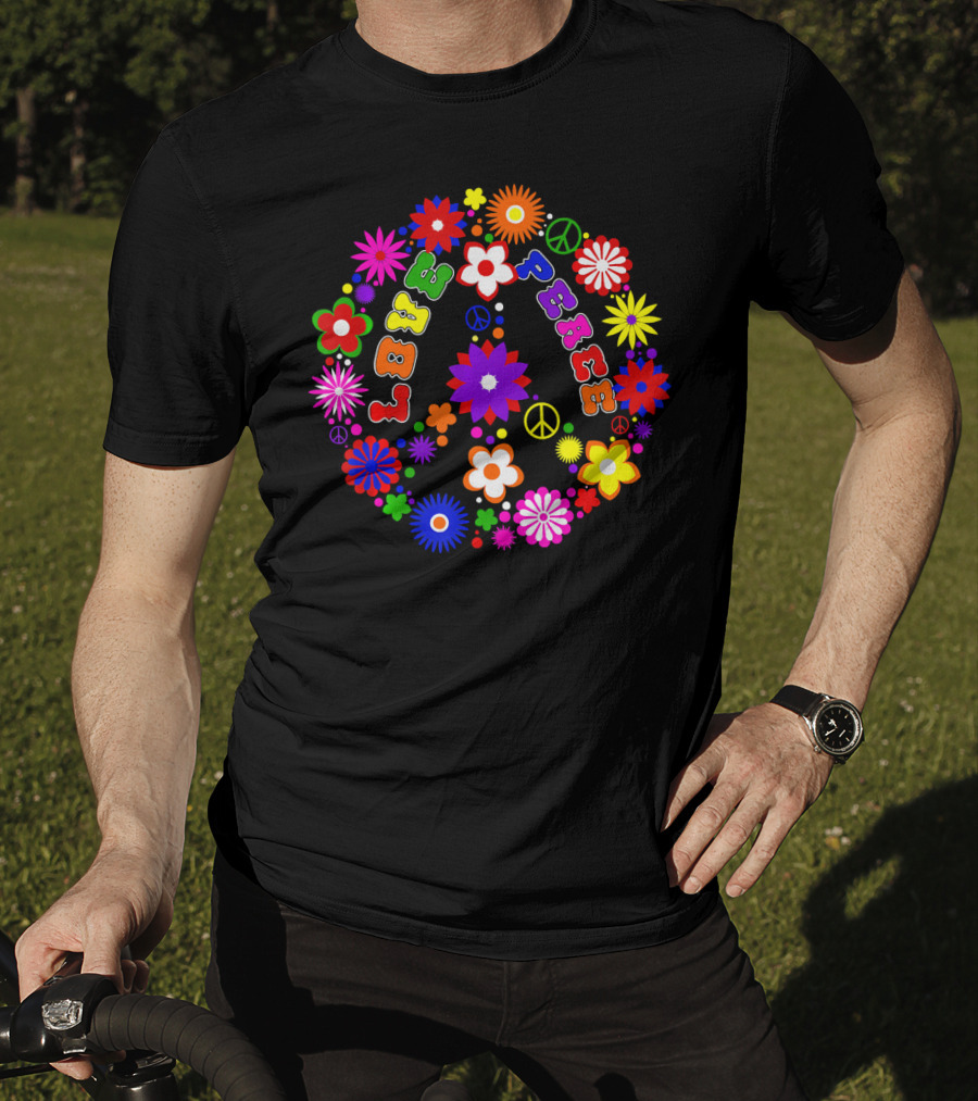 Love Peace Sign Retro Flowers Hippie Col Colorful Groovy T-Shirt