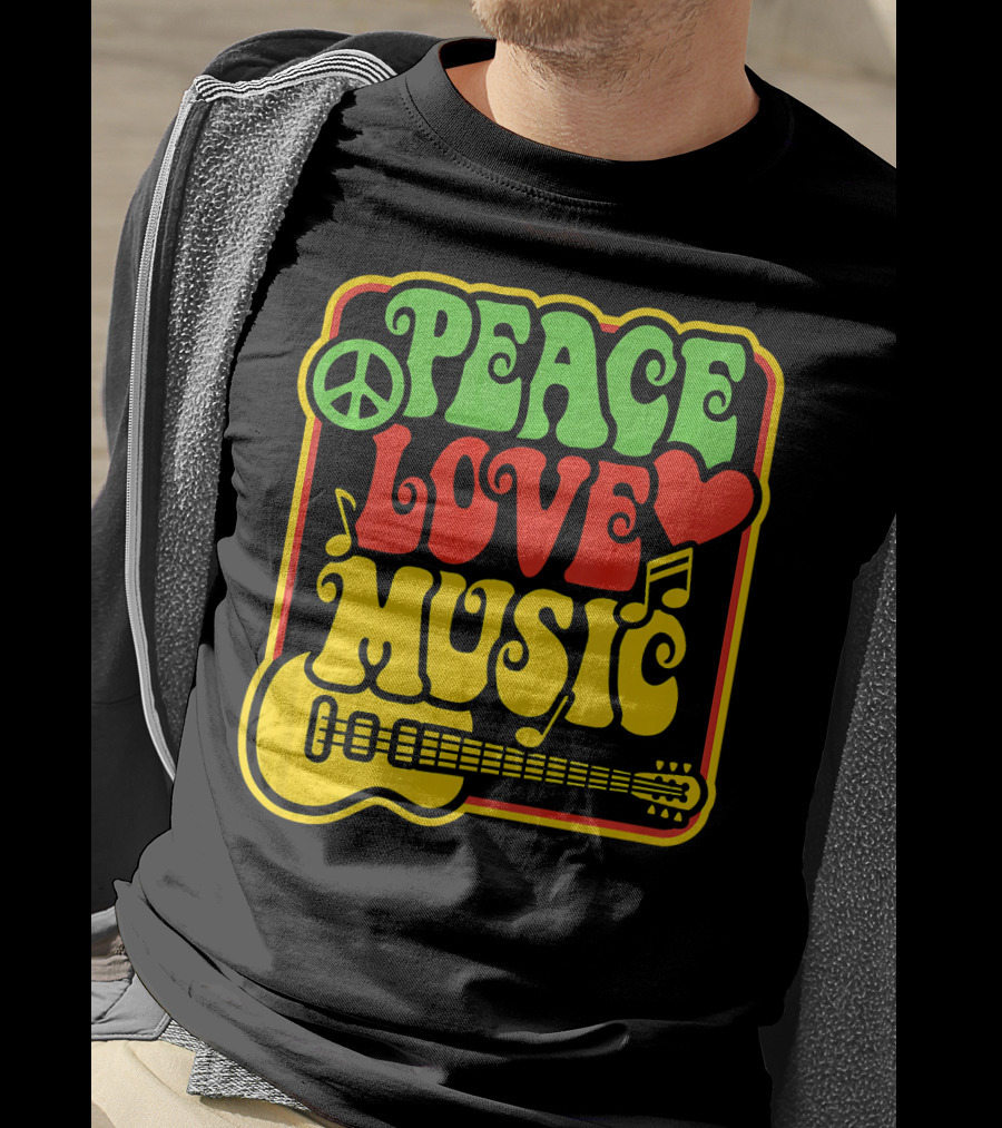 PEACE LOVE MUSIC Rock And Roll Reggae Guitar T-Shirt