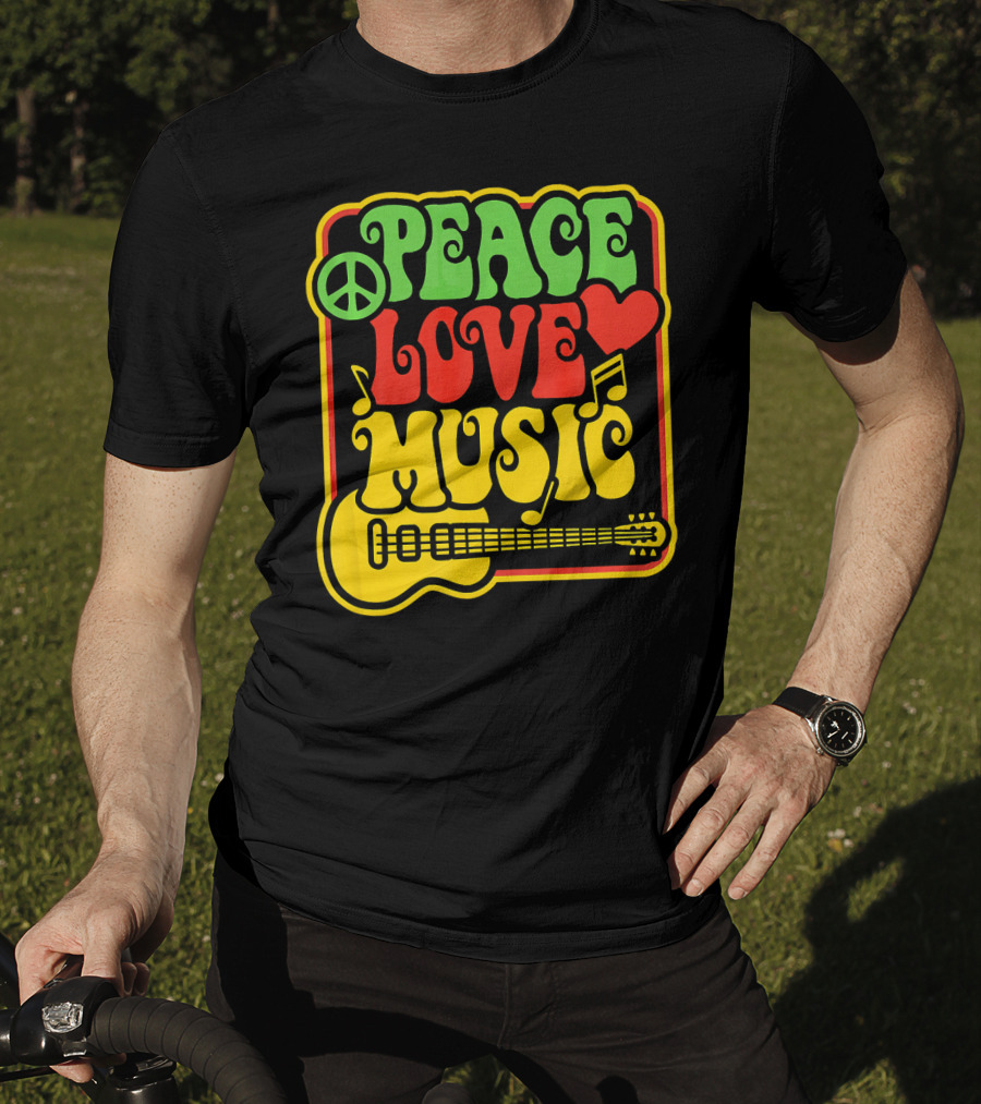 PEACE LOVE MUSIC Rock And Roll Reggae Guitar T-Shirt