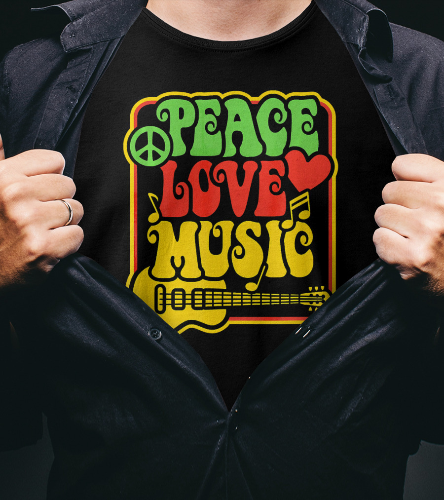 PEACE LOVE MUSIC Rock And Roll Reggae Guitar T-Shirt