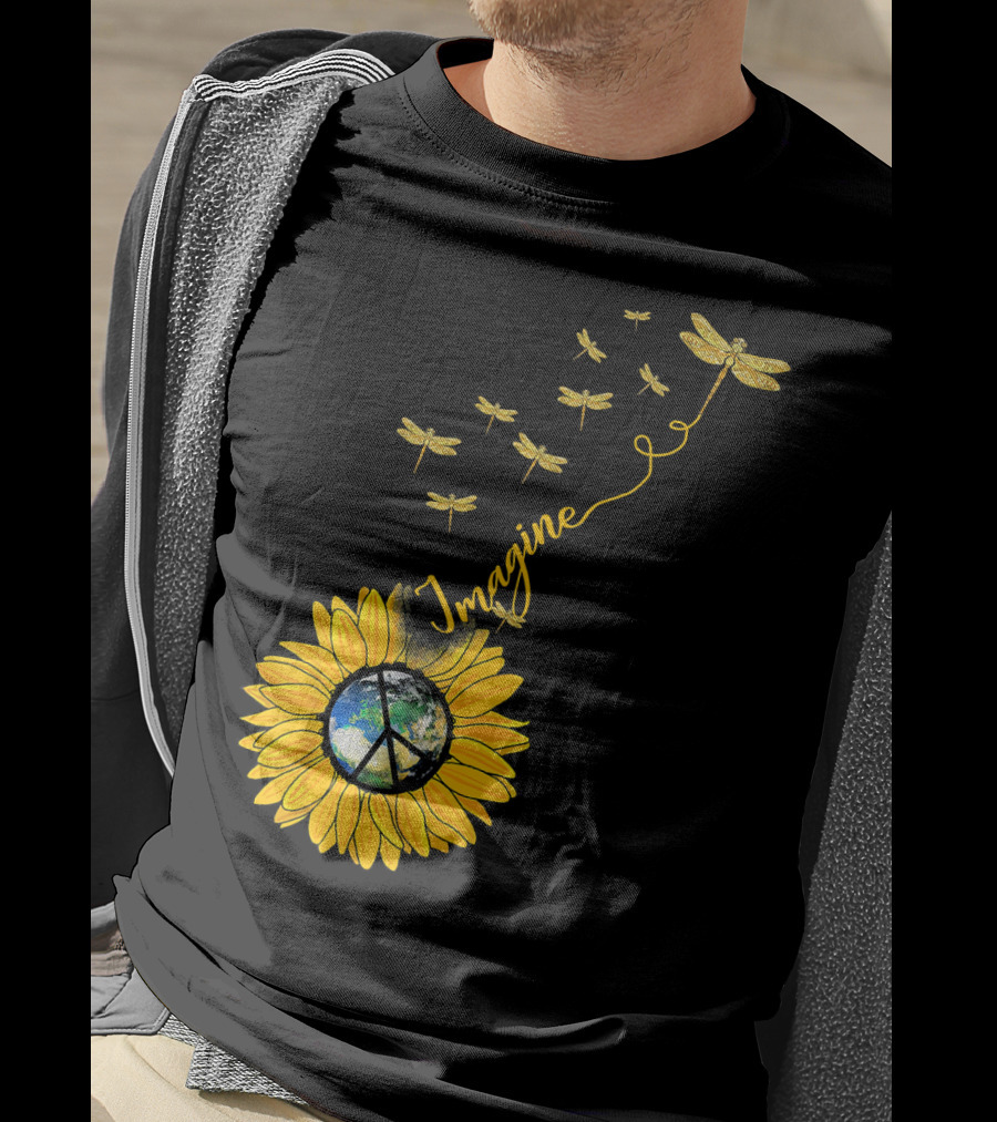 Imagine Peace Earth Sunflower Dragonflies T-Shirt