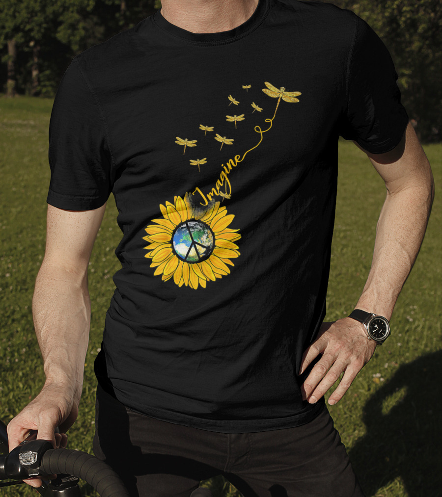 Imagine Peace Earth Sunflower Dragonflies T-Shirt