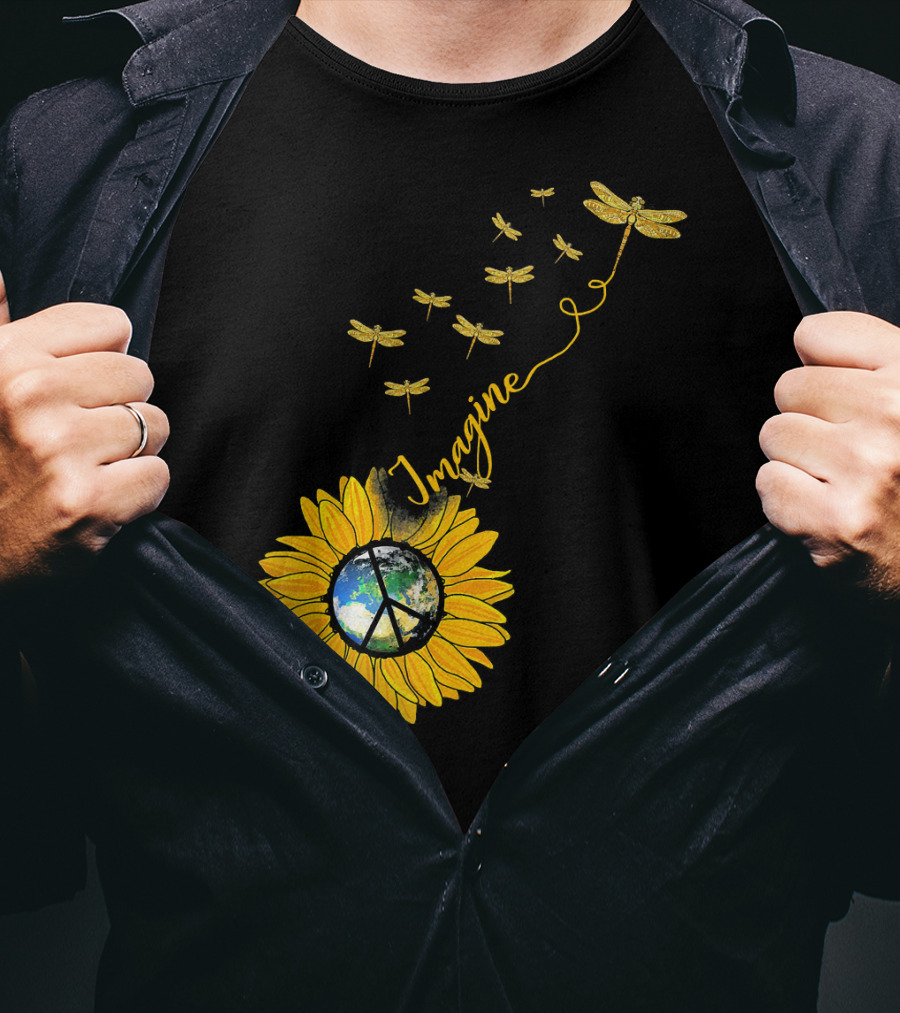 Imagine Peace Earth Sunflower Dragonflies T-Shirt