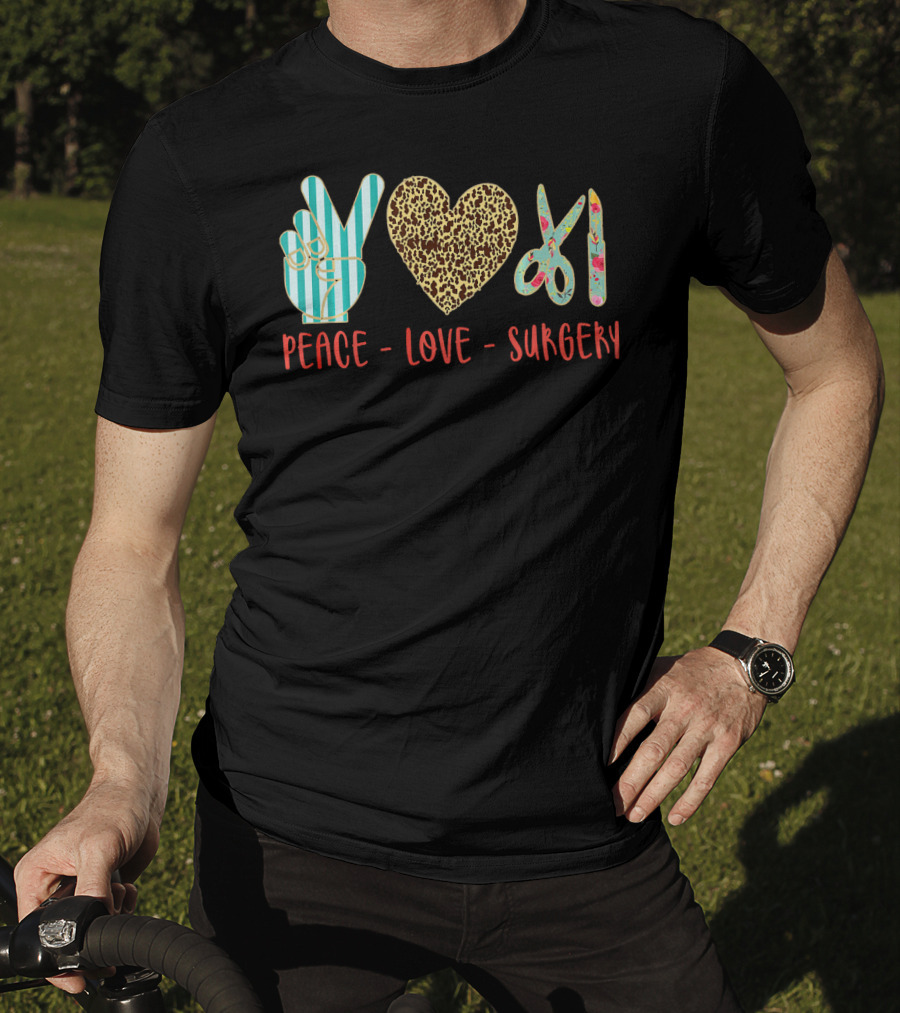 Peace Love Surgery Hand Gesture Heart Scissors T-Shirt