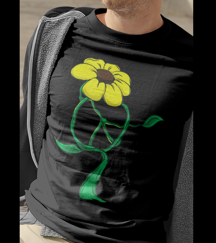 Hippie Yellow Flower Peace Sign Stem Green Leaves T-Shirt