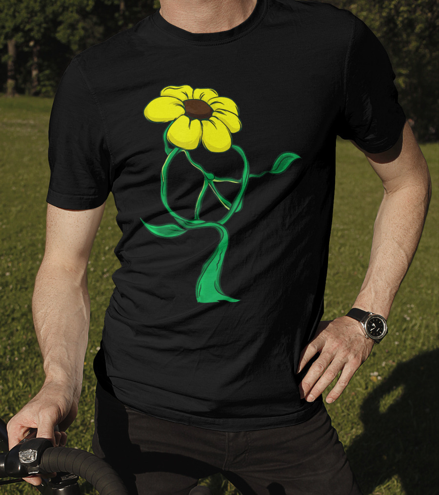 Hippie Yellow Flower Peace Sign Stem Green Leaves T-Shirt