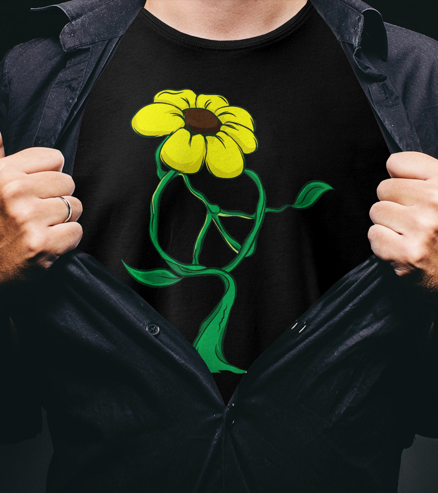 Hippie Yellow Flower Peace Sign Stem Green Leaves T-Shirt