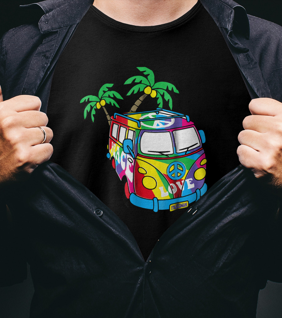Peace Love Symbol Groovy Retro 60s Hippie Van Palm Trees Psychedelic T-Shirt